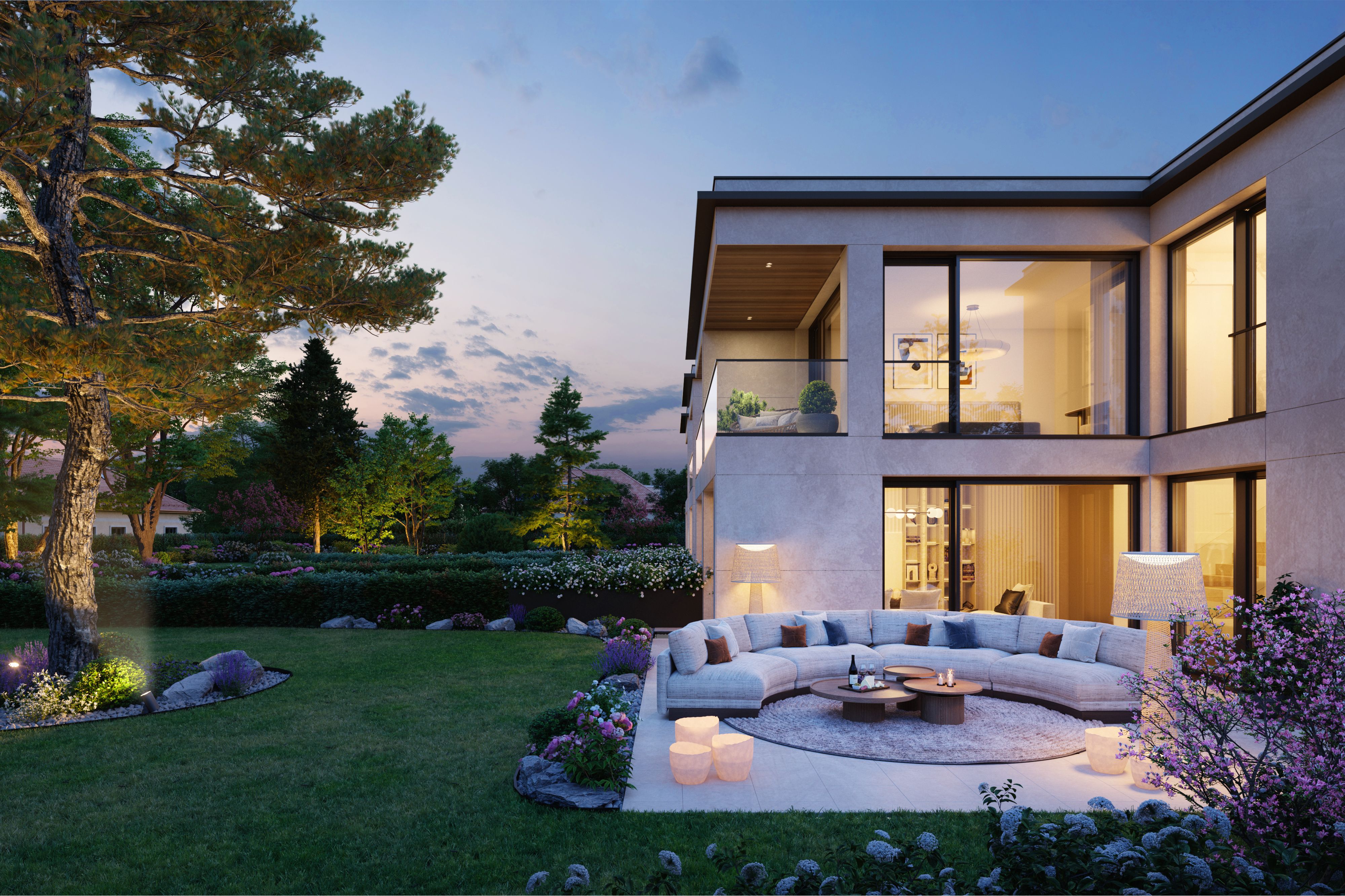 Villas Aurea Lully- vue extérieure avec jardin et terrasse à l'aube